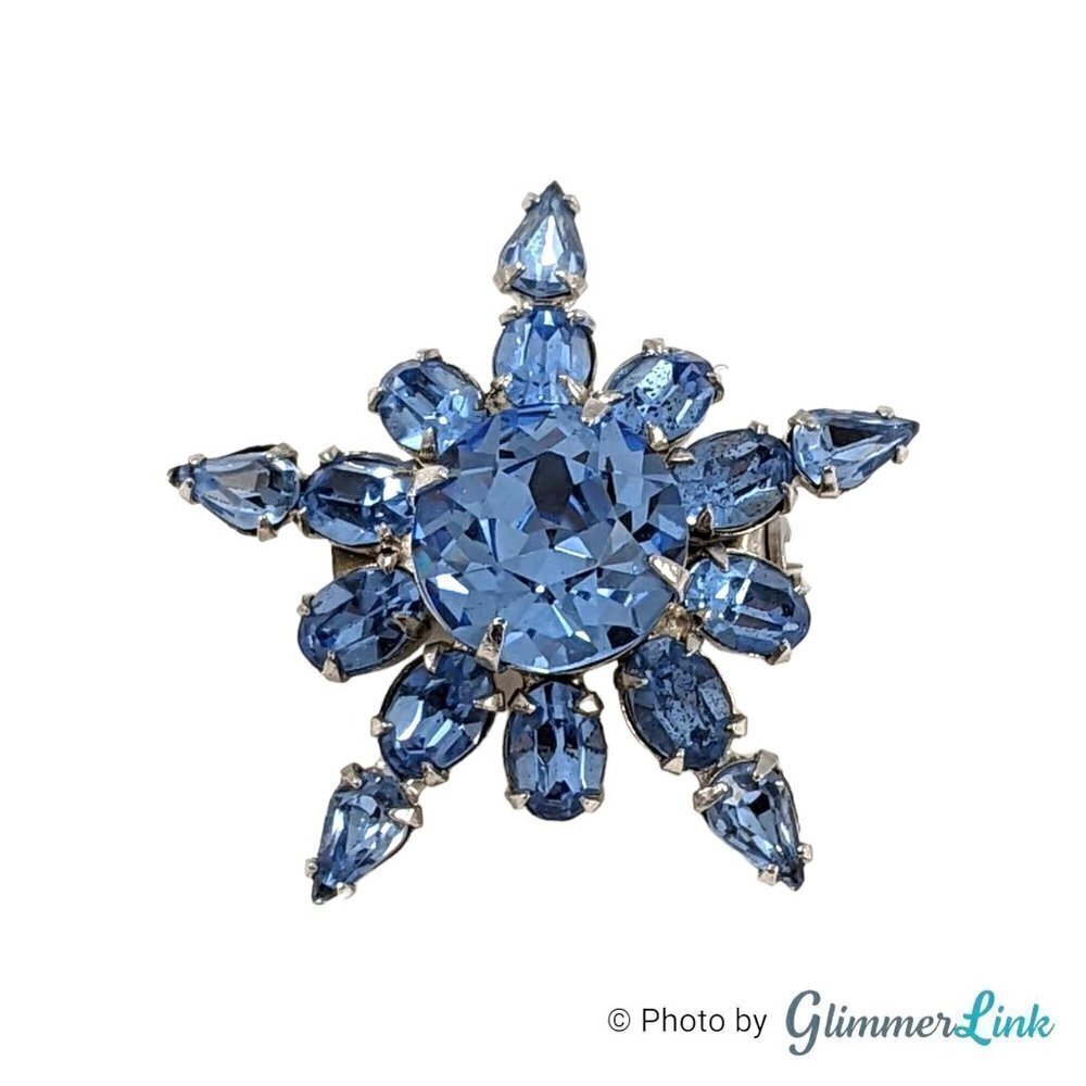 Vintage Ice Blue Rhinestones Floral Star Silver Tone Brooch Pin